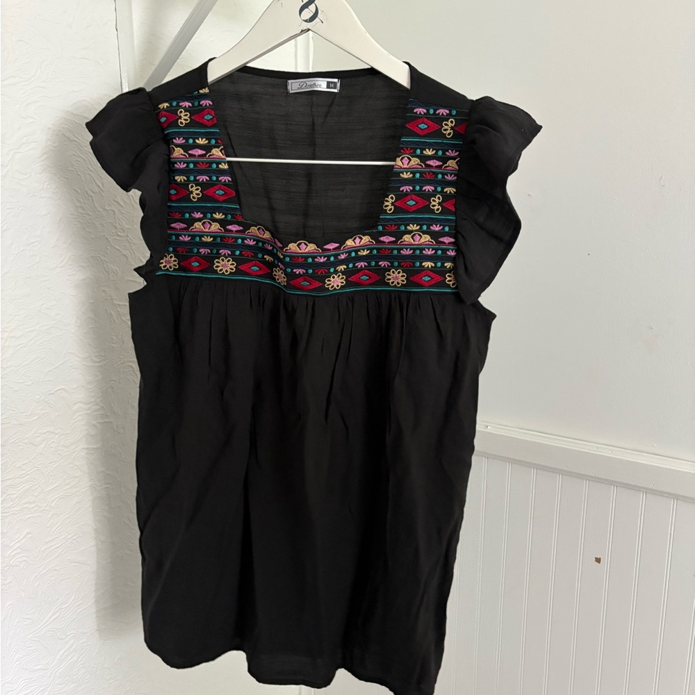 Elegant Black Blouse with Colorful Embroidery